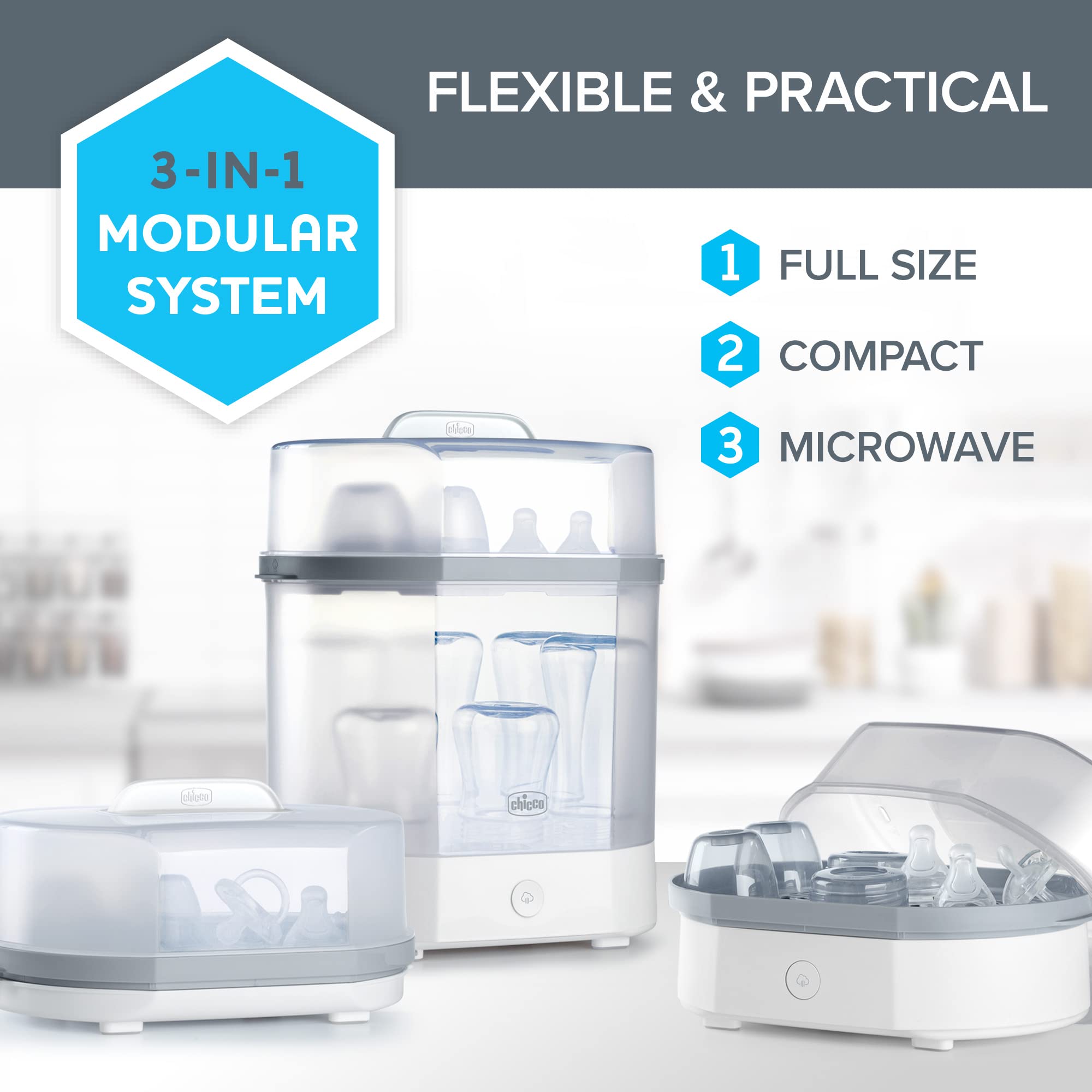 Chicco Baby Bottle Sterilizer, 3-in-1 Electric Steam, Kills 99.9% Germs