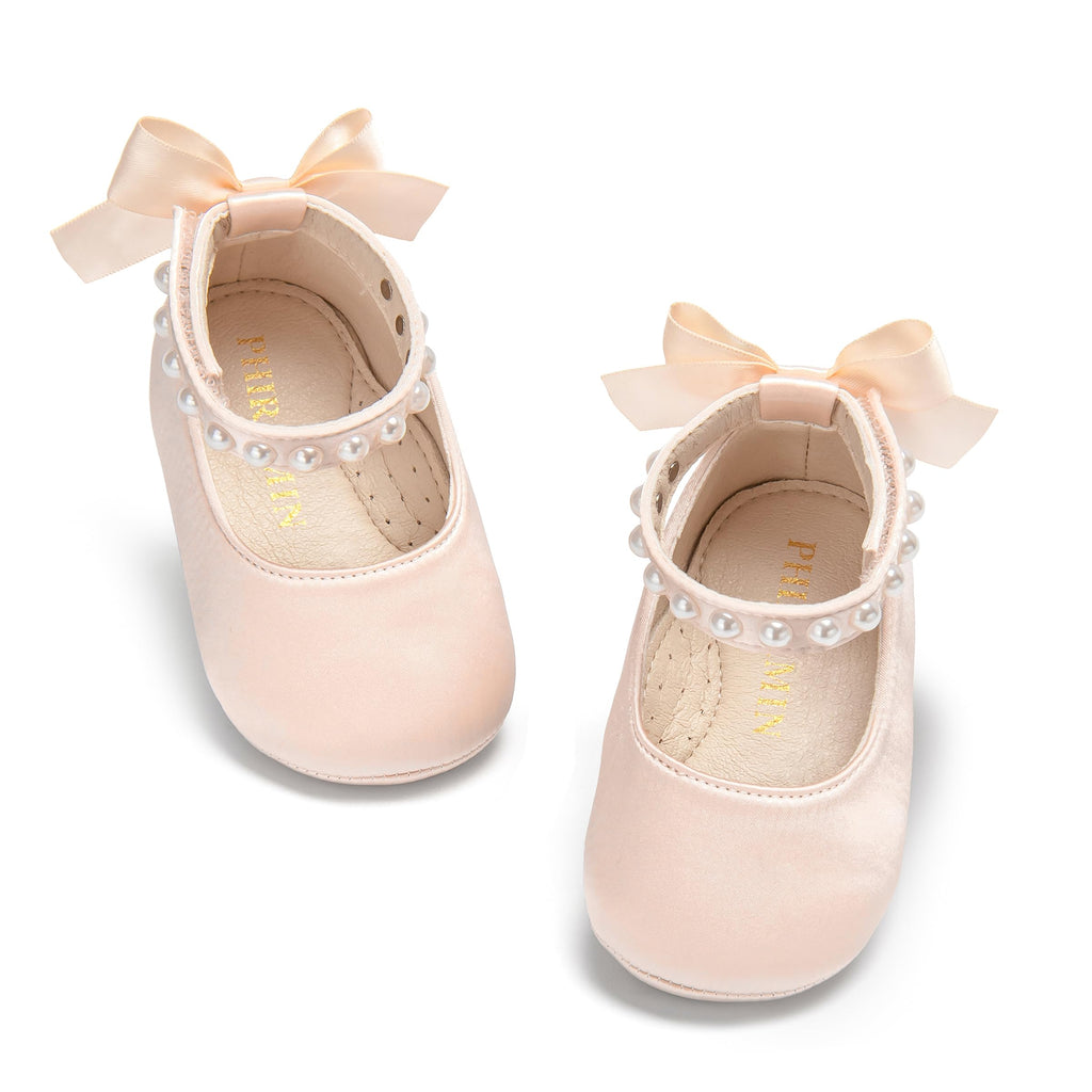 PHIRAMIN Baby Girls Peach Mary Jane Flats - Infant 12-18 Months Walking Shoes Soft Rubber Sole Princess Wedding