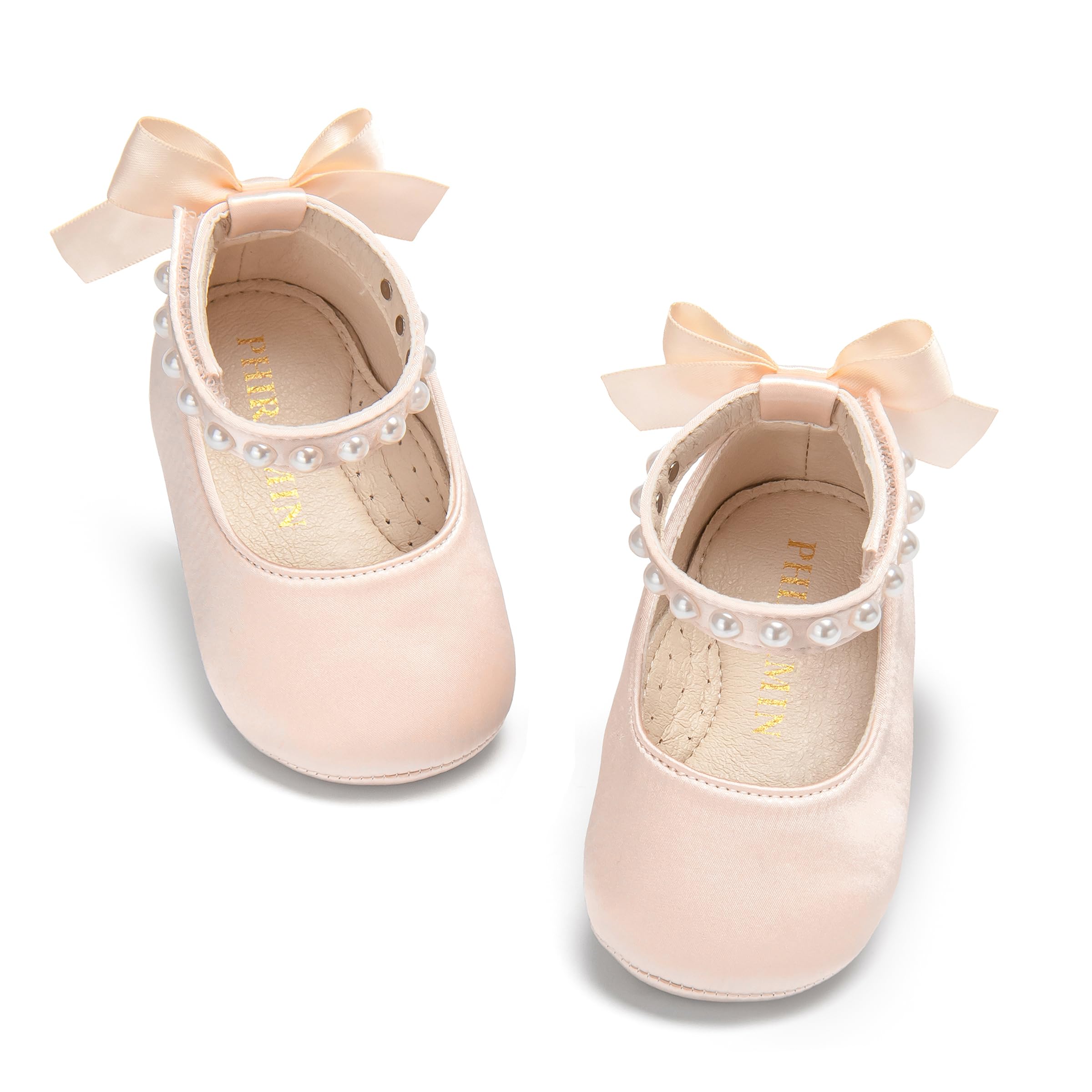 PHIRAMIN Baby Girls Peach Mary Jane Flats - Infant 12-18 Months Walking Shoes Soft Rubber Sole Princess Wedding