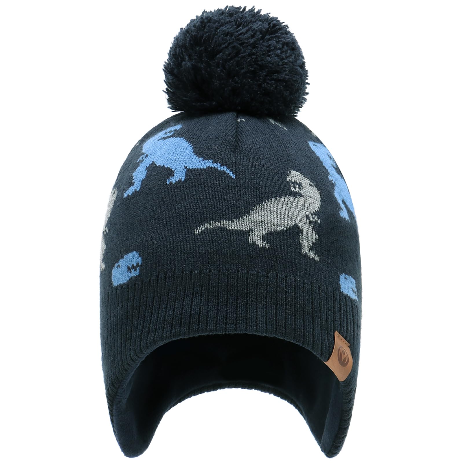 Duoyeree Kids Beanie Dinosaur Pom Pom Knit Winter Hat Fleece Lined for 1-7T