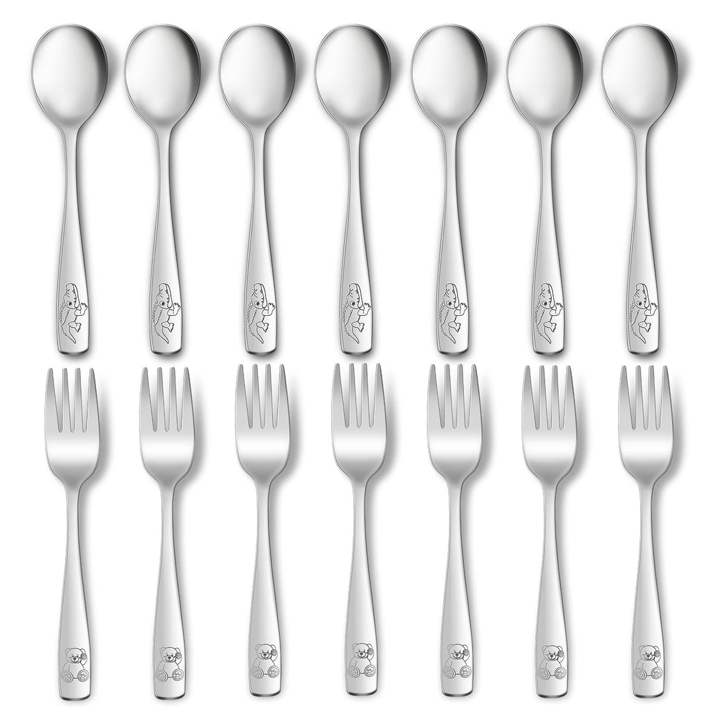 AUOIKK 14-Piece Toddler Flatware, Kids Utensils Stainless Steel Cutlery Set, Children Safe Spoons and Forks with Ergonomic Handle, Easy to use and Dishwasher Safe (Crocodile and Bear)