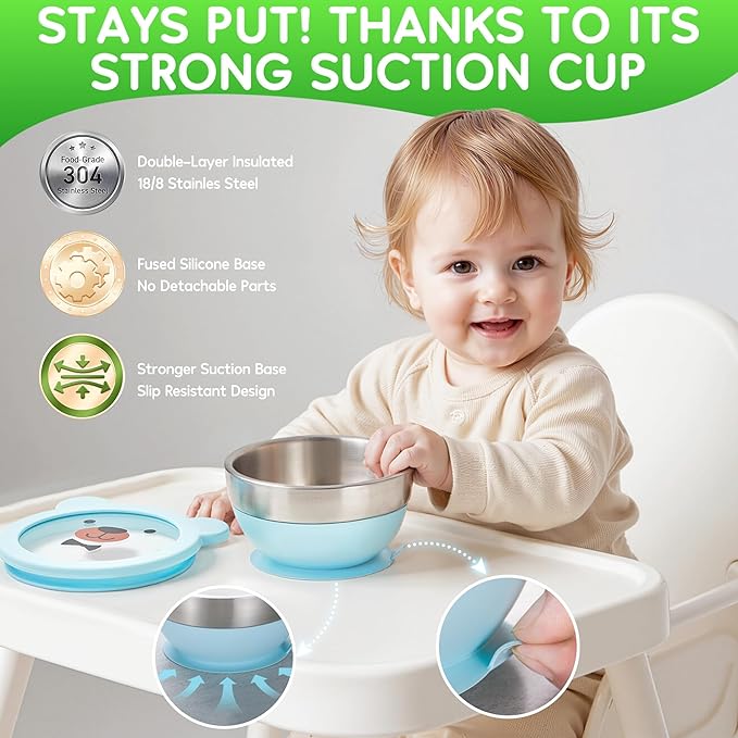 Suction Bowl and Spoon Set for Babies and Toddlers Non-Slip Silicone Suction Cups, Advanced 304 Stainless Steel Bowls, Double-Layer Insulation, and BPA-Free Lids Food-Grade Safety BLUE