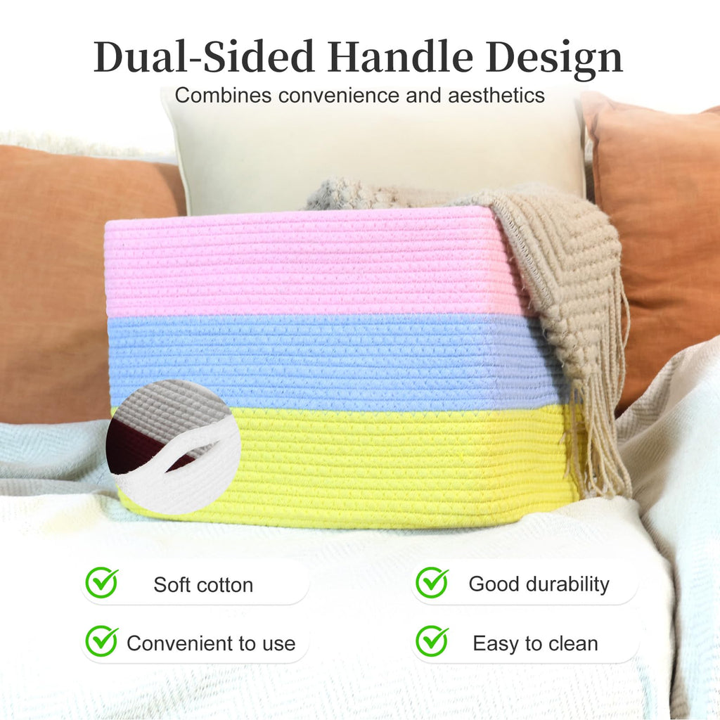 Hopegiver Rainbow Cotton Rope Storage Baskets Set of 3 for Kids Baby, Colorful Storage Bins for Toys, Woven Organizer Baskets Room Decor for Nursery & Playroom(Pink&Blue&Yellow, 15x11x10 IN)