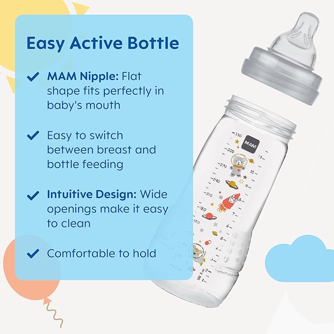 MAM Easy Active Baby Bottles 11 oz with Bonus Nipple, Fast Flow Skinsoft Silicone Nipple with Wide Neck Ergonomic Design, Easy to Hold, BPA-Free Bottles with Leak-Proof Caps for 4+ Months Baby, Girl