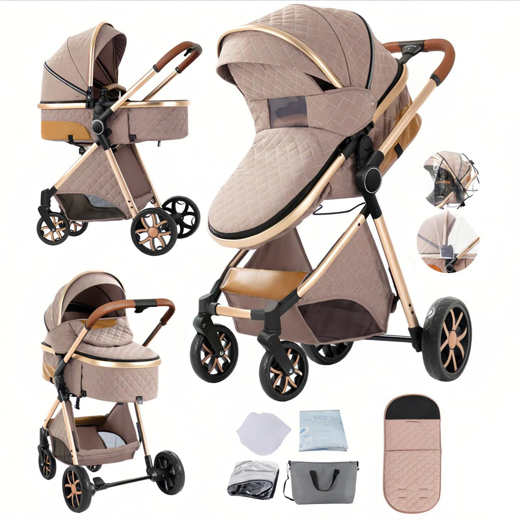 Doraystar 2 in 1 Baby Stroller with Bassinet Mode, Reversible Infant Pram, One-Click Folding, Newborn Travel Stroller, Convertible Toddler Standard Pram Carriage (X2US-Khaki)