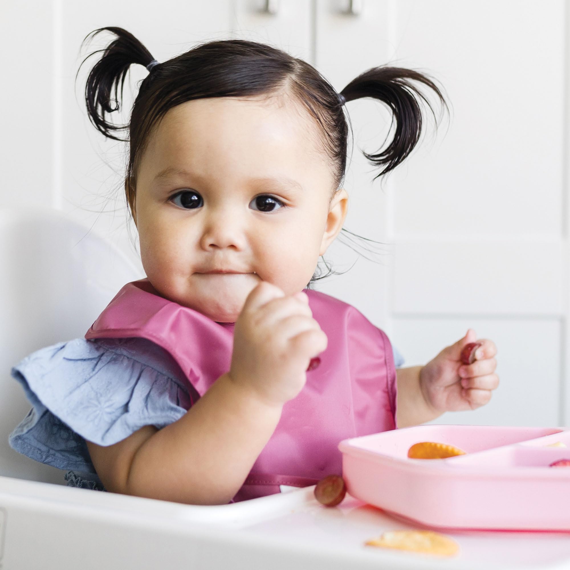 Tiny Twinkle Mess-Proof Baby Bibs for Eating | Waterproof, Wipeable Toddler Bibs with Catch-All Pocket | Feeding Bibs for Girls & Boys(3 Pack,Blush, Burgundy)