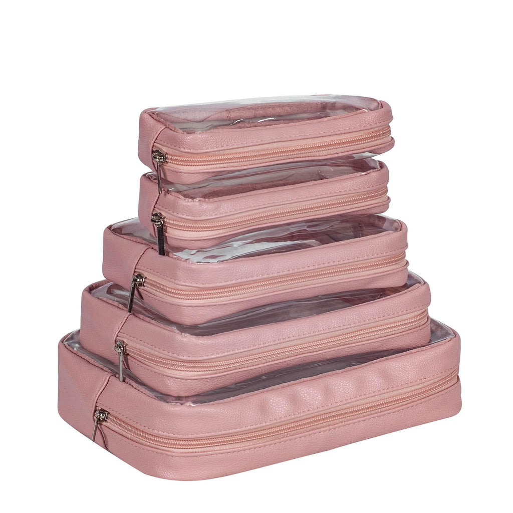 Remobia Hicol TSA Approved 5-Piece Diaper Bag Organizer Pouch Set Clear Waterproof TPU Kids Toiletry Storage Set Travel Packing Clutch Cube Bags for Baby Nursing (Light Pink Leather)