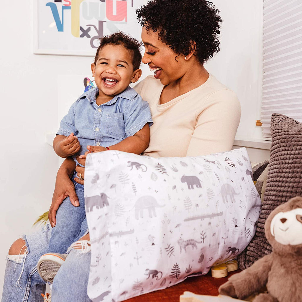 WeeSprout Toddler Polyester Organic Cotton Shell and Pillowcases, Small Kids Pillow, Soft and Supportive Polyfiber Filling, Machine Washable, 18 x 13 x 3 (White + Safari Print, 3 Piece Set)
