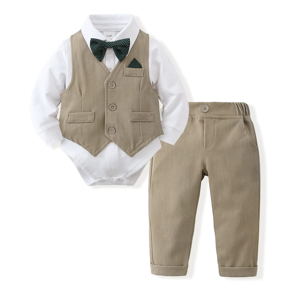 DISAUR Baby Boy Wedding Outfit Long Sleeve Infant White Shirt Khaki Vest Pants Bow Tie Baby Blessing Outfits For Boys 1t 12 18 Months