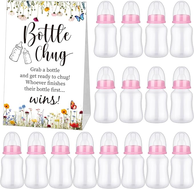 TrelaCo Bottle Chug Baby Shower Game Sign 20 Pcs Baby Bottles Shower Favor Plastic Greenery Flowers Bear Elephant Butterfly Gift Set for Gender Reveal Party (Wildflower, Pink)
