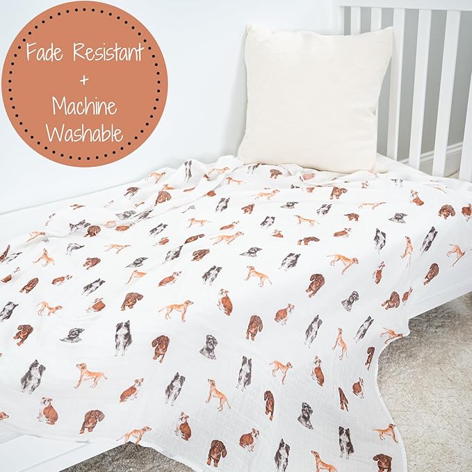 LollyBanks Swaddle Blanket, 100% Cotton Muslin Swaddle Blankets, Neutral Swaddle Blanket 47 x 47 Inches, Baby Blanket for Boys and Girls, Baby Essentials, Registry (Dogs Print)