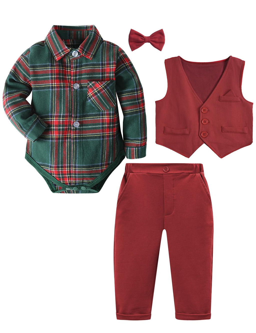 Baby Christmas Outfit Boy Infant Plaid Dress Suit Green and Red 3-6 Months