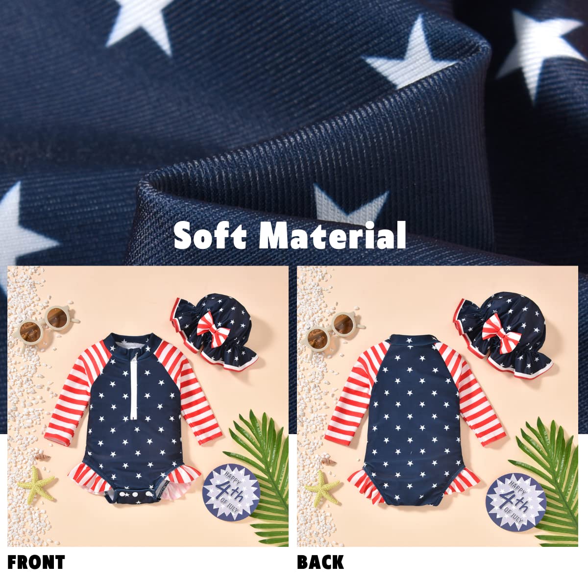 Aalizzwell Infant Baby Girls One Piece Long Sleeve 4th of July Swimsuit American Flag Bathing Suit Zip Up Independence Day Swimwear Beach Wear 3-6 Months