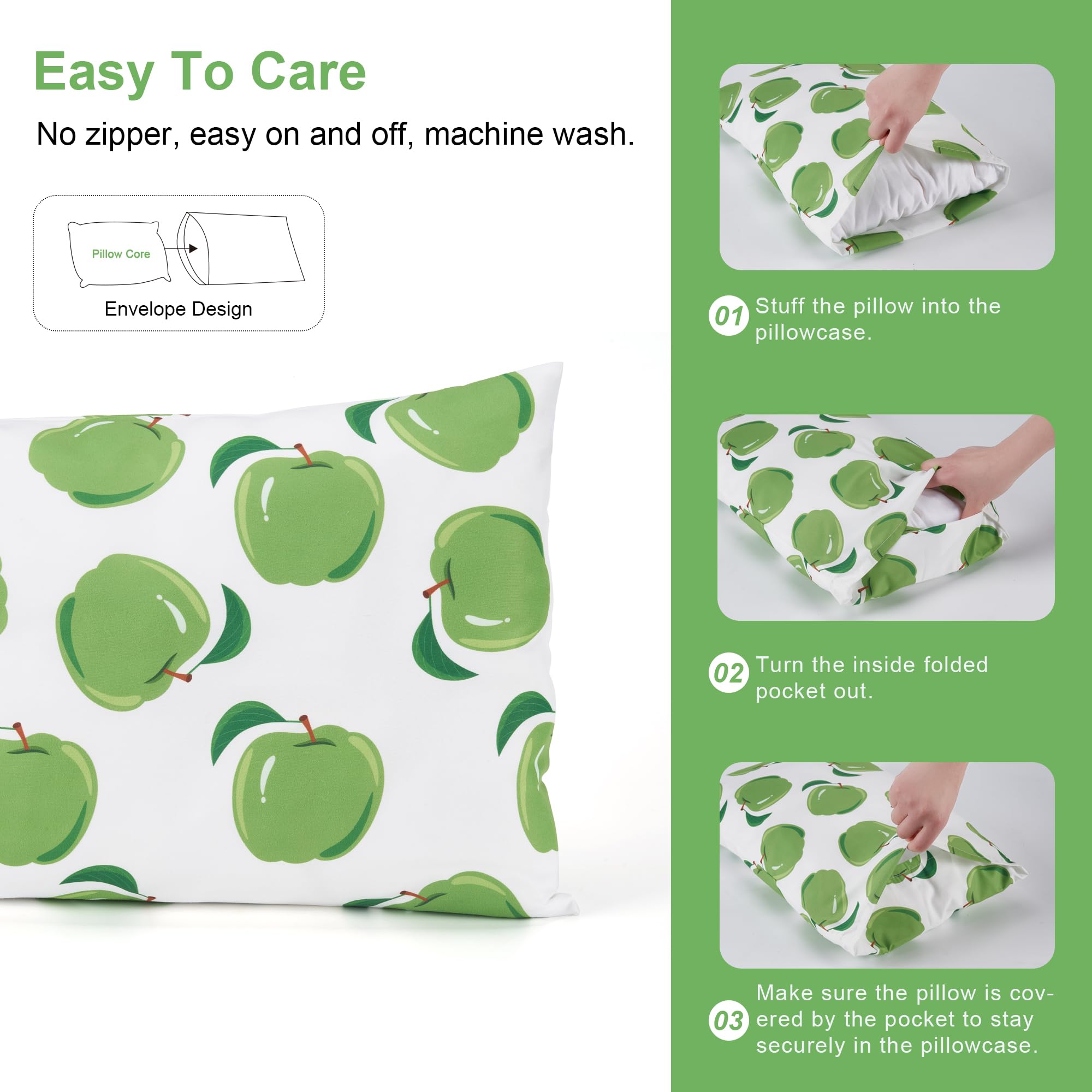 TILLYOU Toddler Pillowcases 13 x 18 Travel Pillow Case 2 Pack, Kids Pillowcases Machine Washable with Envelope Closure, Green Apple & Fruit Green