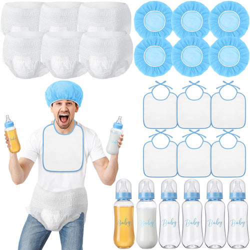 6 Sets Bottle Chug Baby Shower Games Juegos Para Plastic Baby Bottles Bibs Hat Disposable Diapers Gender Reveal Games Baby Changing Diaper Race Game Decoration (Blue)