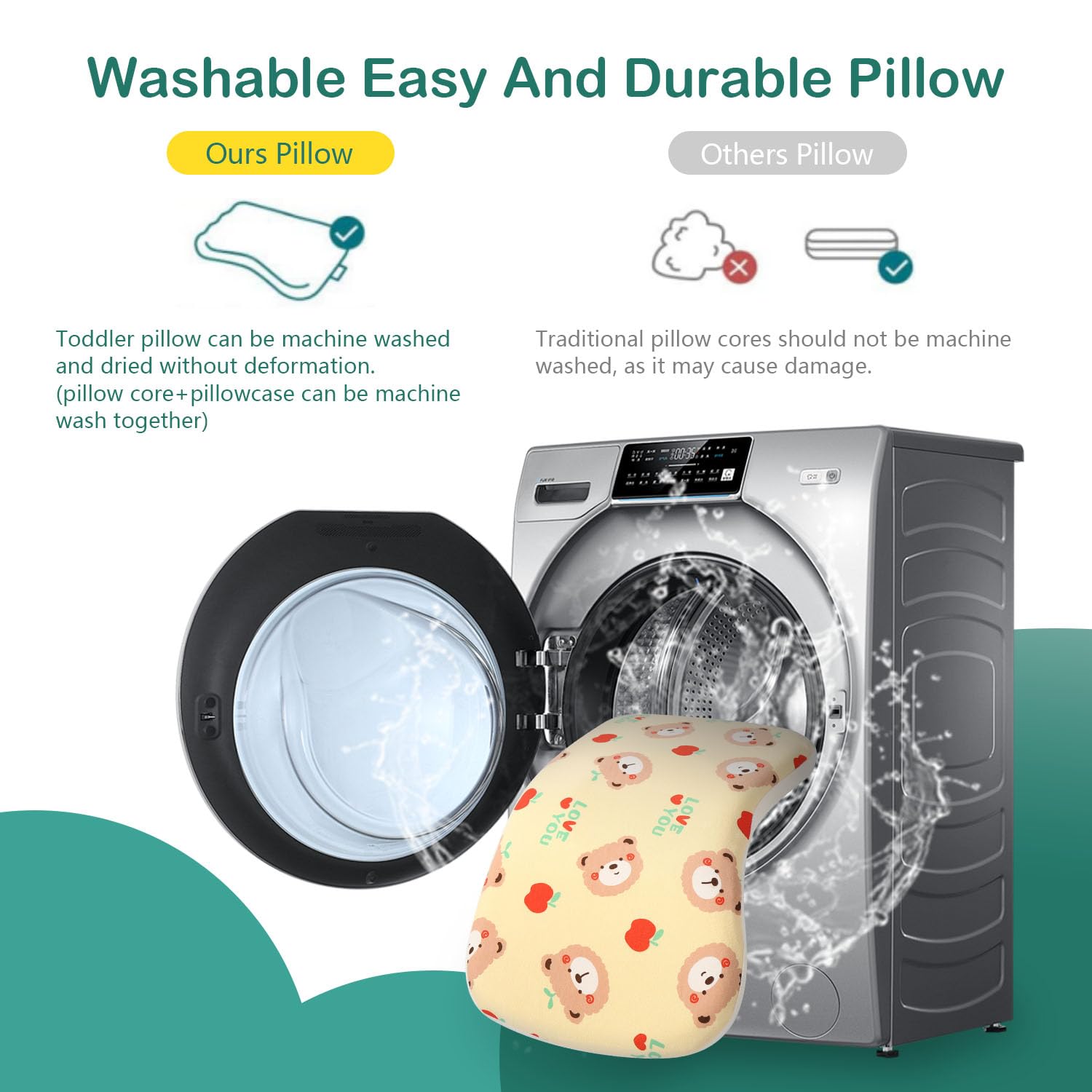 Caudeer Soft Toddler Pillow for Sleeping (14.5'' x 8.4'') with Removable Cover – Ideal for Travel & Nursery, Cuddly Bear Design – Perfect for Ages 1-2 Years