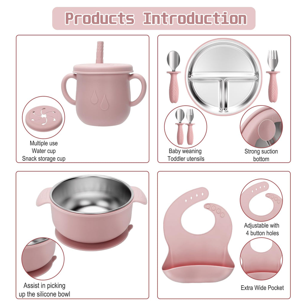 MISSLILI Stainless Steel Kids Plates and Bowls Set with Suction - (Pink)