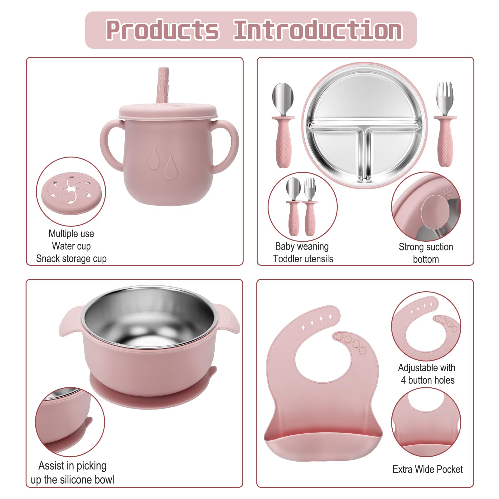 MISSLILI Stainless Steel Kids Plates and Bowls Set with Suction - (Pink)