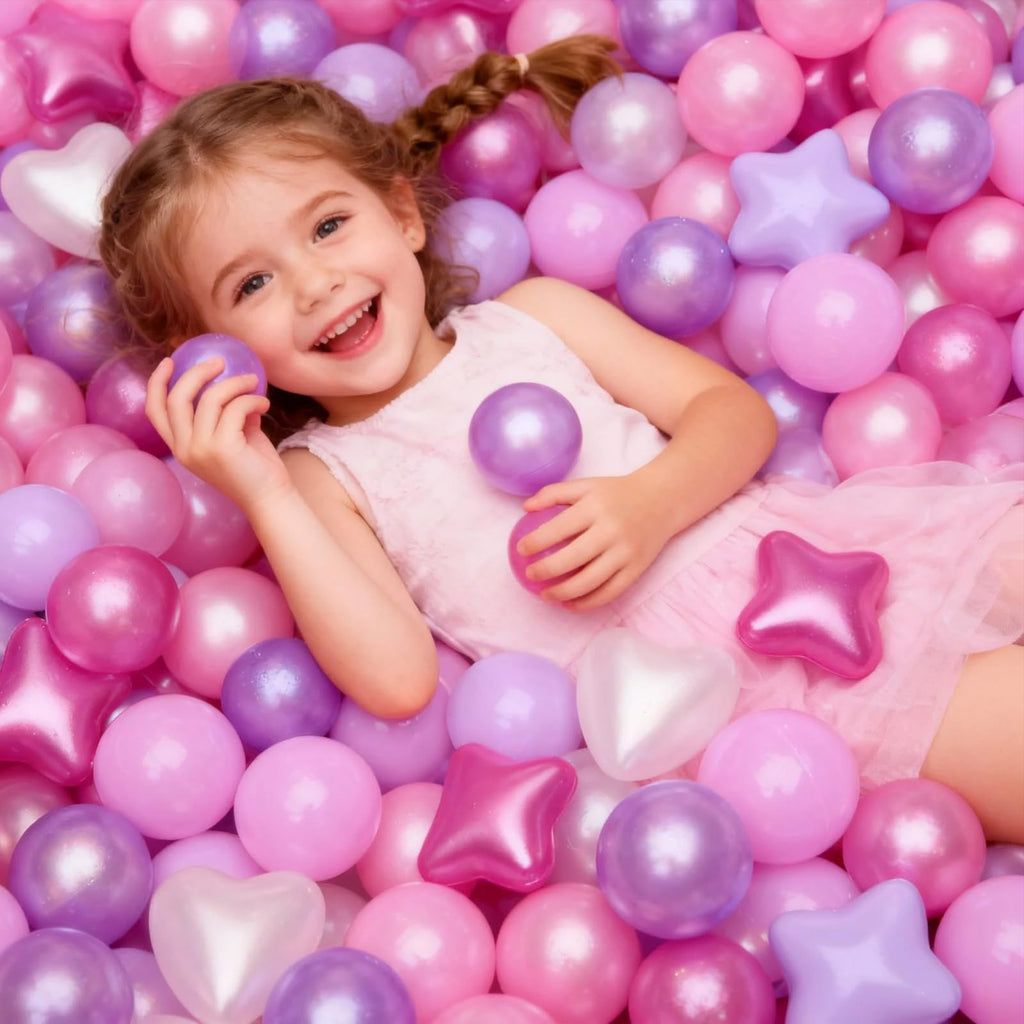 GOGOSO Ball Pits Balls Toddlers 50 100 200 500 Plastics Shape Ball Non-Phthalate Non-BPA Non-Toxic 2.2-Inch Crush Proof Play Balls,Pearl Pink+Pearl Light Pink+ Purple;Star+Heart Balls, 50 Balls