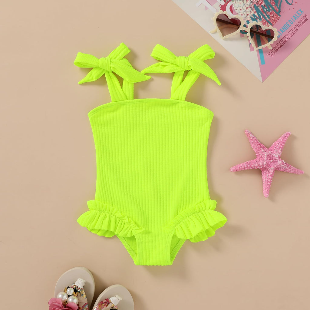 Happy Town Toddler Swimsuit Girl Solid Color Stripe One-Piece Baby Bathing Suits (Fluorescent Green, 18-24 Months)