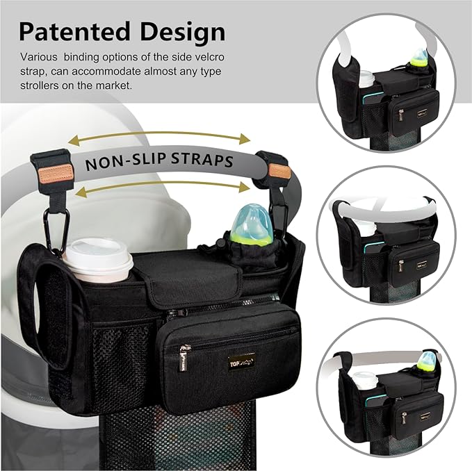 TOPDesign Universal Baby Stroller Organizer, Stroller Caddy with Detachable Mesh Bag & Heightened Insulated Cup Holders & Non-Slip Secure Hooks Accessories, Fits Most Strollers (Love)