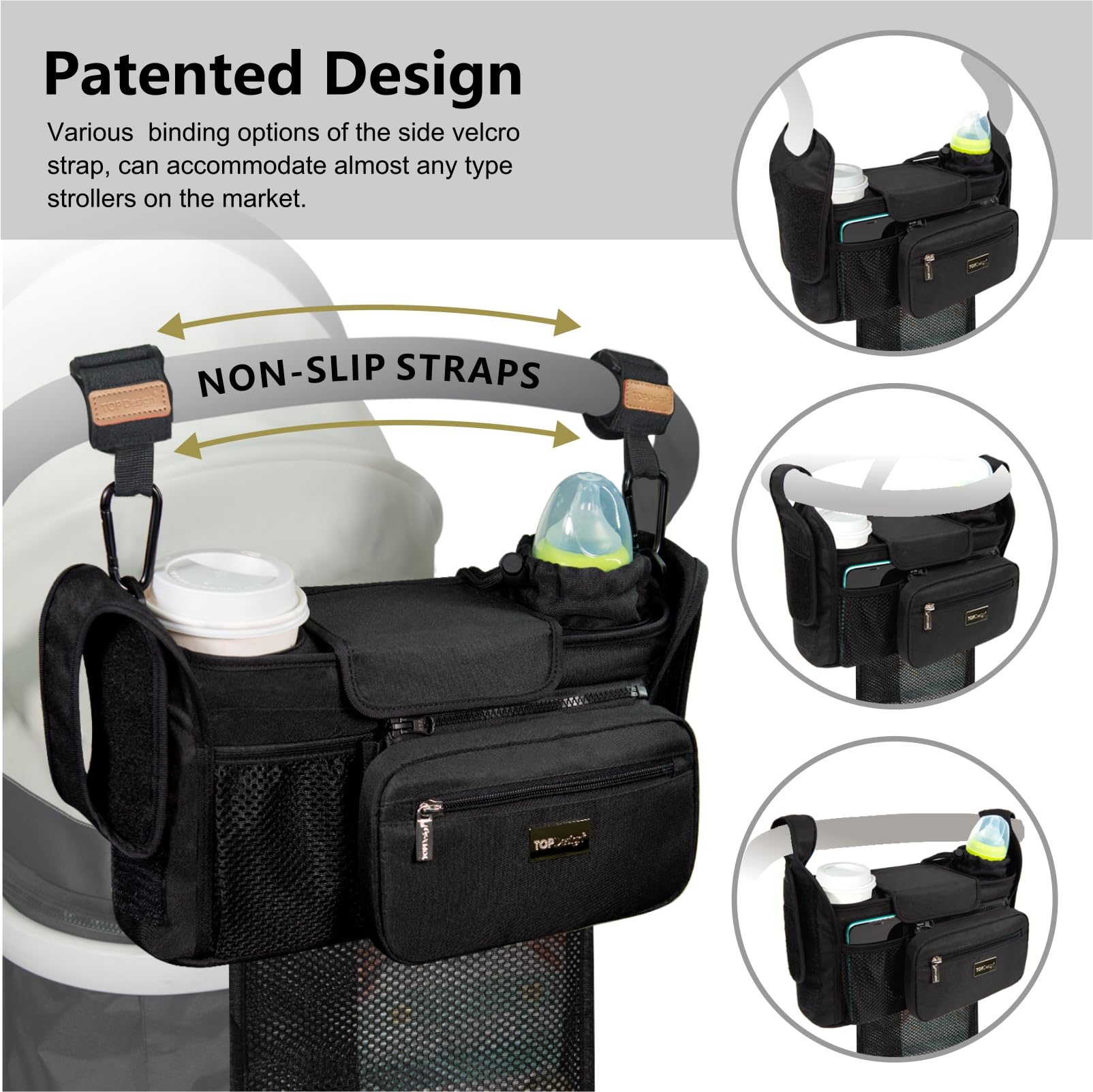TOPDesign Universal Baby Stroller Organizer, Stroller Caddy with Detachable Mesh Bag & Heightened Insulated Cup Holders & Non-Slip Secure Hooks Accessories, Fits Most Strollers (Dogs)