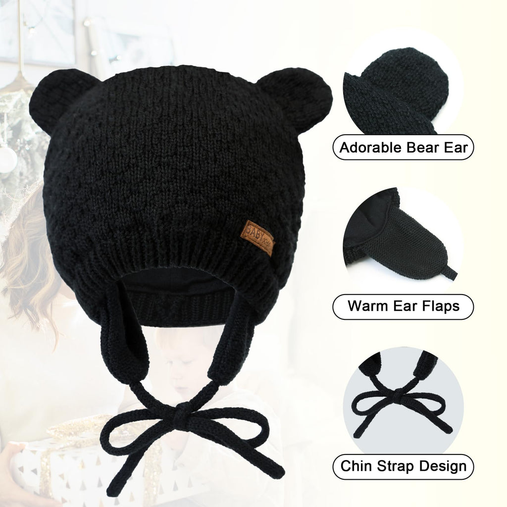XIAOHAWANG Baby Hat Cute Bear Toddler Earflap Beanie Warm for Fall Winter (0-6 Months, A-Black)