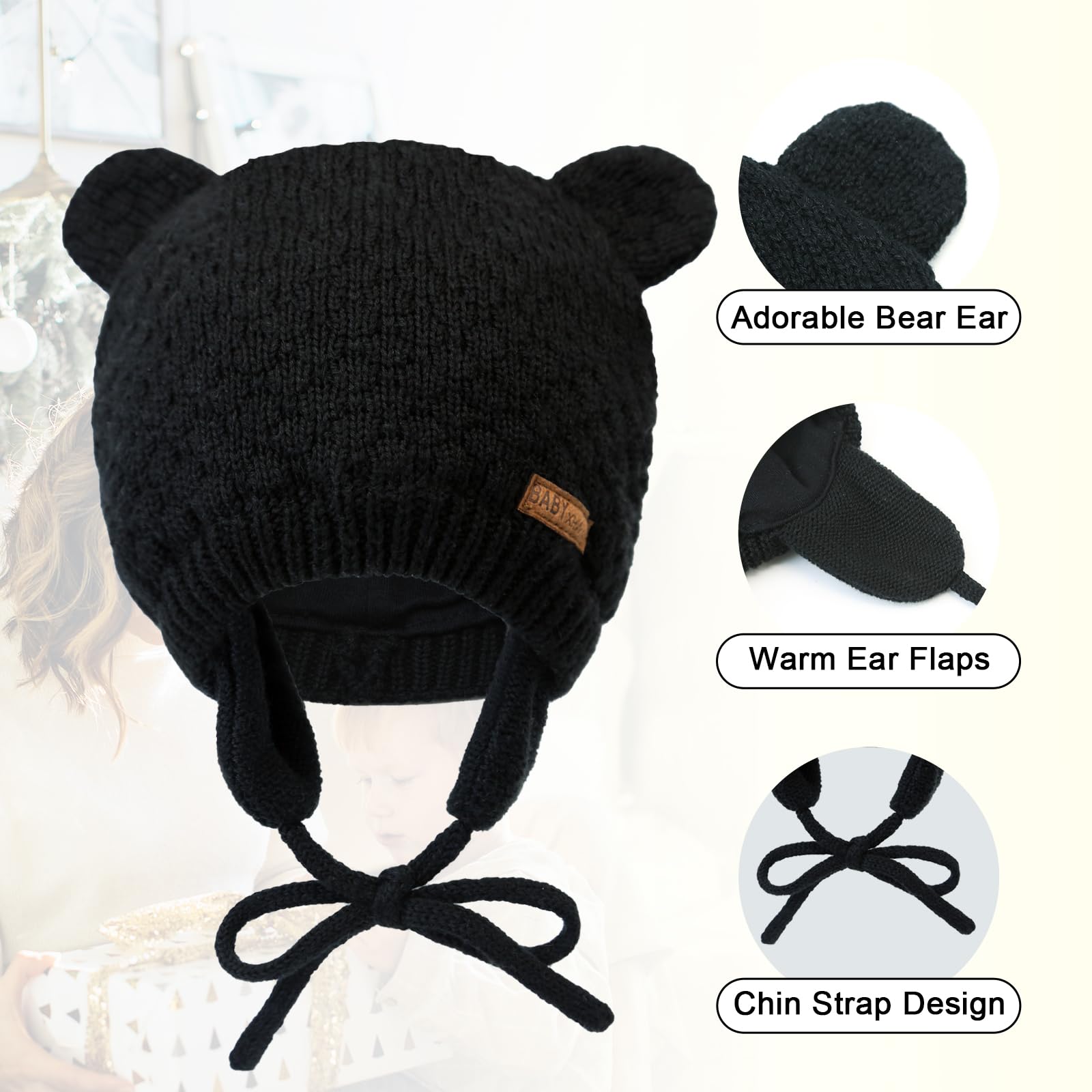 XIAOHAWANG Baby Hat Cute Bear Toddler Earflap Beanie Warm for Fall Winter (6-12 Months, A-Black)