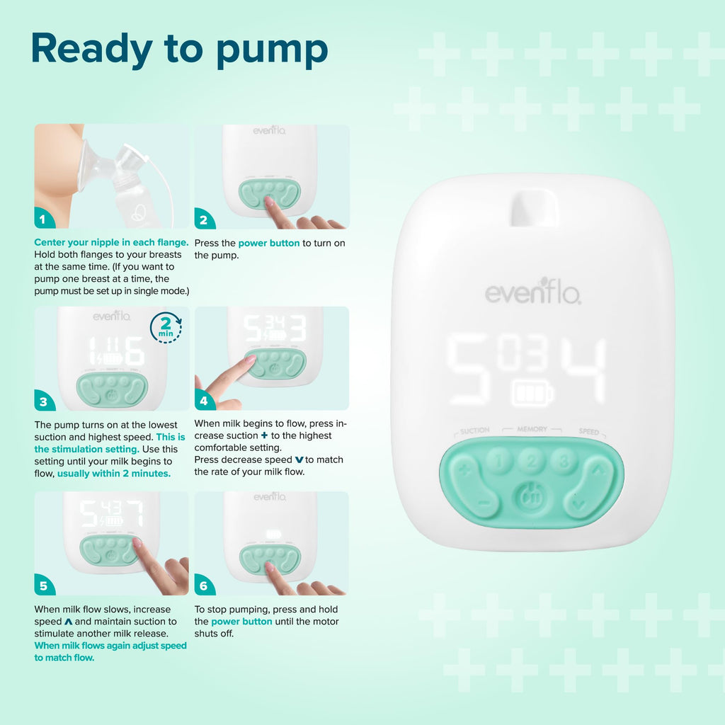 Evenflo Pocket Portable Double Electric Breast Pump, White, 20 Pumping Sessions per Charge, 9 Suction Settings, 3 Memory Presets