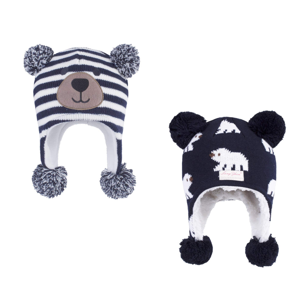 LANGZHEN Toddler Kids Infant Winter Hat,Earflap Knit Warm Cap Fleece Lined Beanie for Baby Boys Girls (Bear -Navy Stripe+Polar Bear-Navy, 6-12 Months)