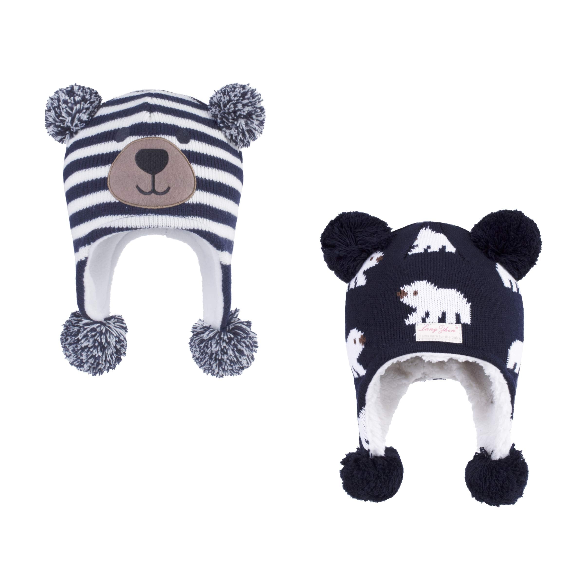 LANGZHEN Toddler Kids Infant Winter Hat,Earflap Knit Warm Cap Fleece Lined Beanie for Baby Boys Girls (Bear -Navy Stripe+Polar Bear-Navy, 6-12 Months)