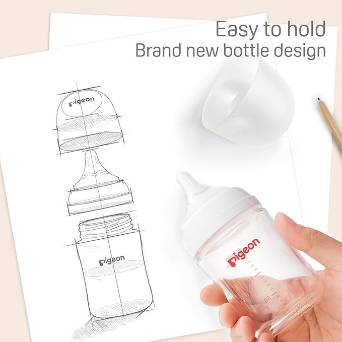 Pigeon Glass Nursing Bottle Wide Neck, Nurture & Nest, Anti-Colic, Streamlined Body, Natural Feel, Easy to Clean, Heat-Resistant, 8.1 Oz (Pack of 3), Includes 3pcs Stage 3 Nipples (3m+)
