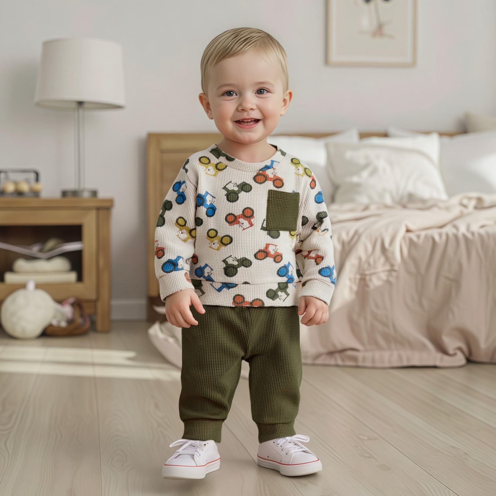 Fufuriprefer Toddler Baby Boy Fall Clothes Waffle outfit Long Sleeve Top Jogger Pant Set (Army Green, 2-3T)