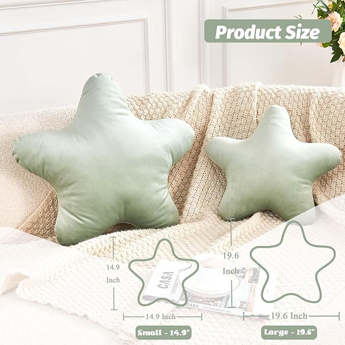 Sage Green Star Throw Pillow, Cute Star Pillow Room Decor, Soft 14.9" Star Shaped Decorative Throw Pillow for Bedroom, Star Plush Floor Cushions Pillows