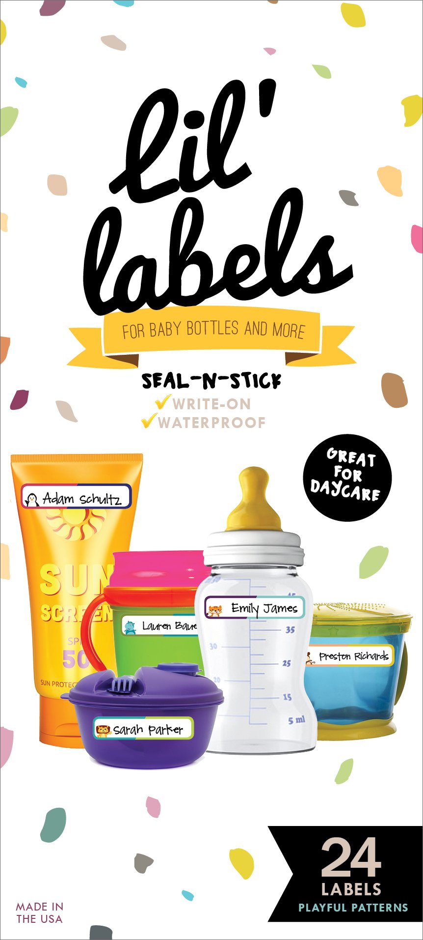 Bottle Labels, Write-On Name, Self-Laminating, Waterproof, Baby Bottle Label for Daycare, Made in The USA (Animal Friends Set of 2)