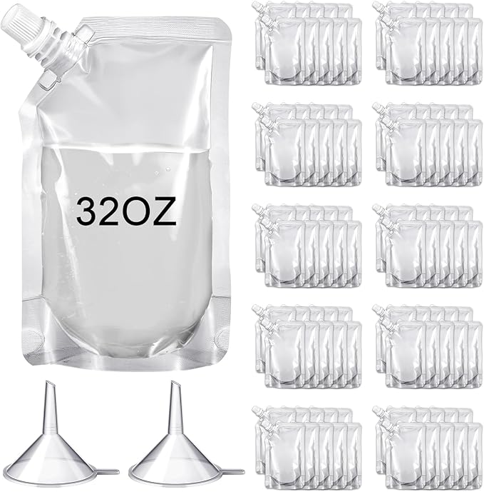 Meanplan 100 Pcs Plastic Pouches Bulk Reusable Squeeze Pouches Clear Plastic Juice Leak Proof Bags with Funnel for Party Favors Supplies(32 oz,Inclined Mouth)