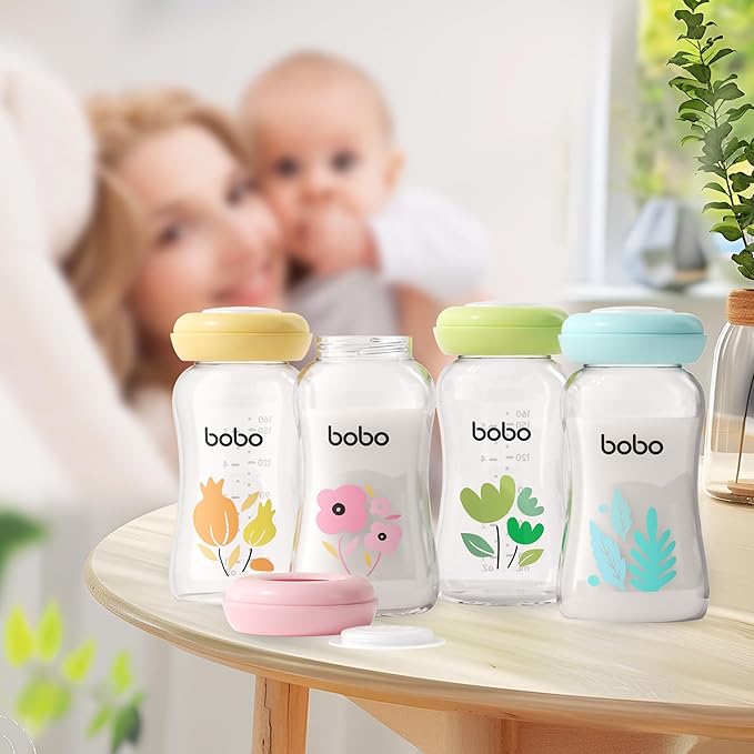 YOHKOH Glass Breast Milk Storage Bottles - 100% Leak-Proof, BPA-Free Breastmilk Storage Containers, Freezer & Dishwasher Safe, Ideal for Nursing Mothers (Yellow, 5.4oz (Pack of 4))