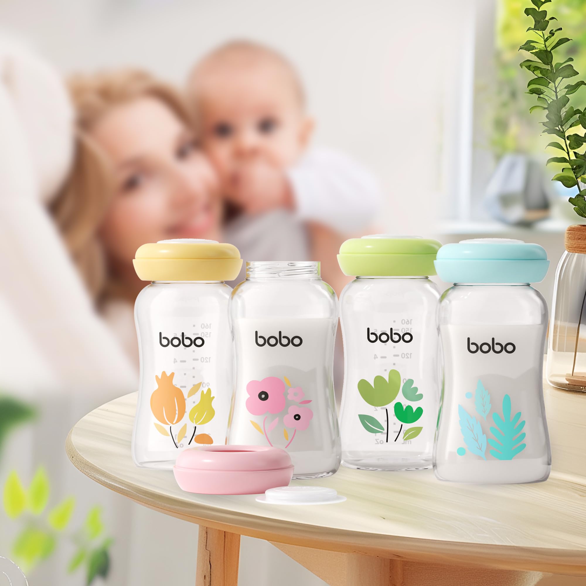 YOHKOH Glass Breast Milk Storage Bottles - 100% Leak-Proof, BPA-Free Breastmilk Storage Containers, Freezer & Dishwasher Safe, Ideal for Nursing Mothers (Green, 5.4oz (Pack of 6))