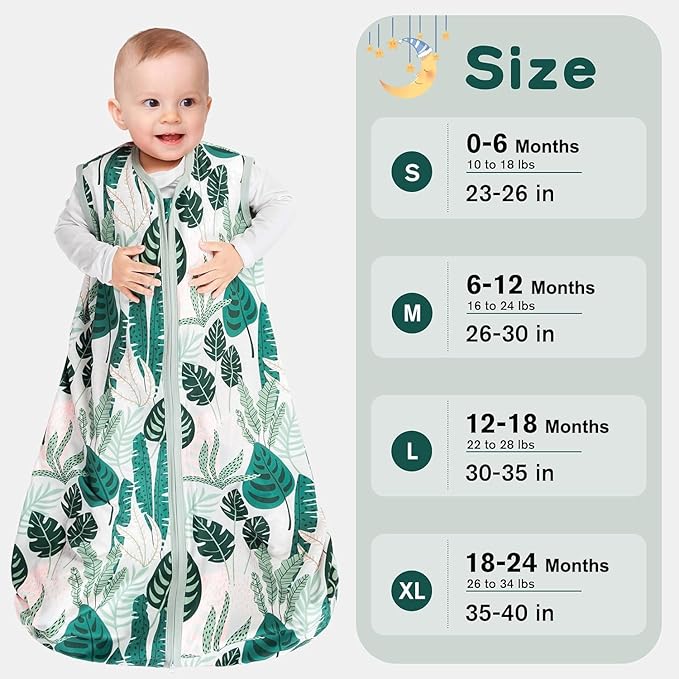 3 Pack Baby Sleep Sack 12-18 Months 100% Rayon Cotton Baby Sleeping Bag 2-Way Zipper Toddler Wearable Blankets Comfy Stretchy TOG 0.3 Lightweight（Banana&leaf&green）