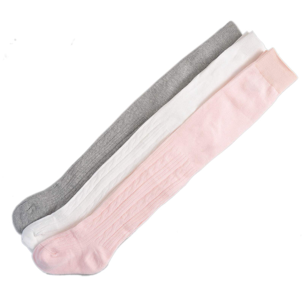 EPEIUS Baby Tights Toddler & Little Girls Cable Knit Tights Solid Cotton Stockings Seamless Footed Leggings Pantyhose Baby Clothes Dress Tights 6-8 Years,3 Pack,Pink/White/Light Grey