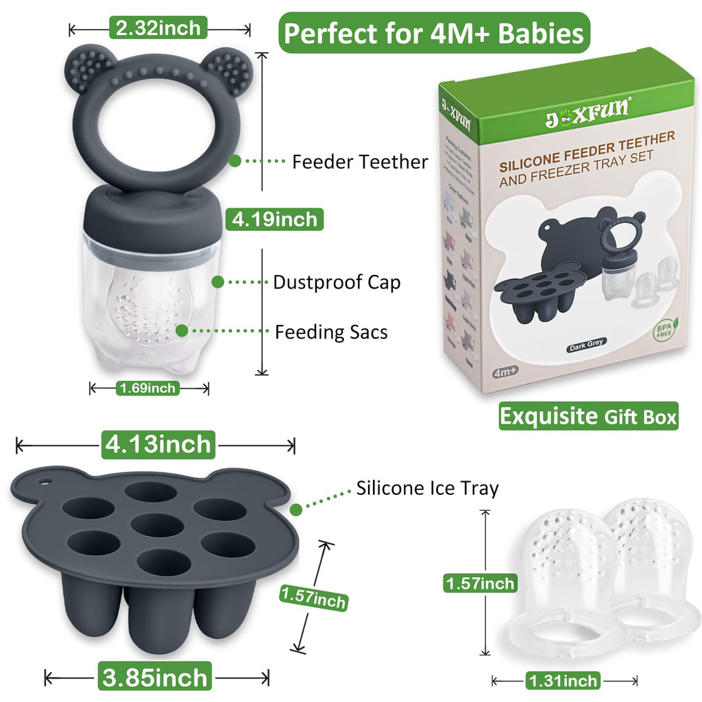 JEXFUN Silicone Baby Food Feeders + Freezer Tray for Batch Prep, Introduce New Foods Safely, Double as Silicone Teething Toys, BPA Free Silicone Feeder for Safe Infant Self Feeding - (Dark Grey)