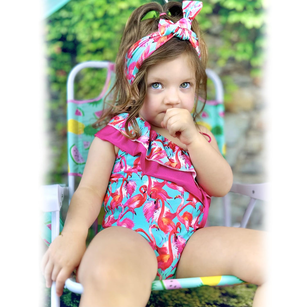 0-6 Months Baby Girls One Piece Swimsuits Infant Flamingo Bathing Suit Off Shoulder Swimwear Swimming Beach Wear with Headband