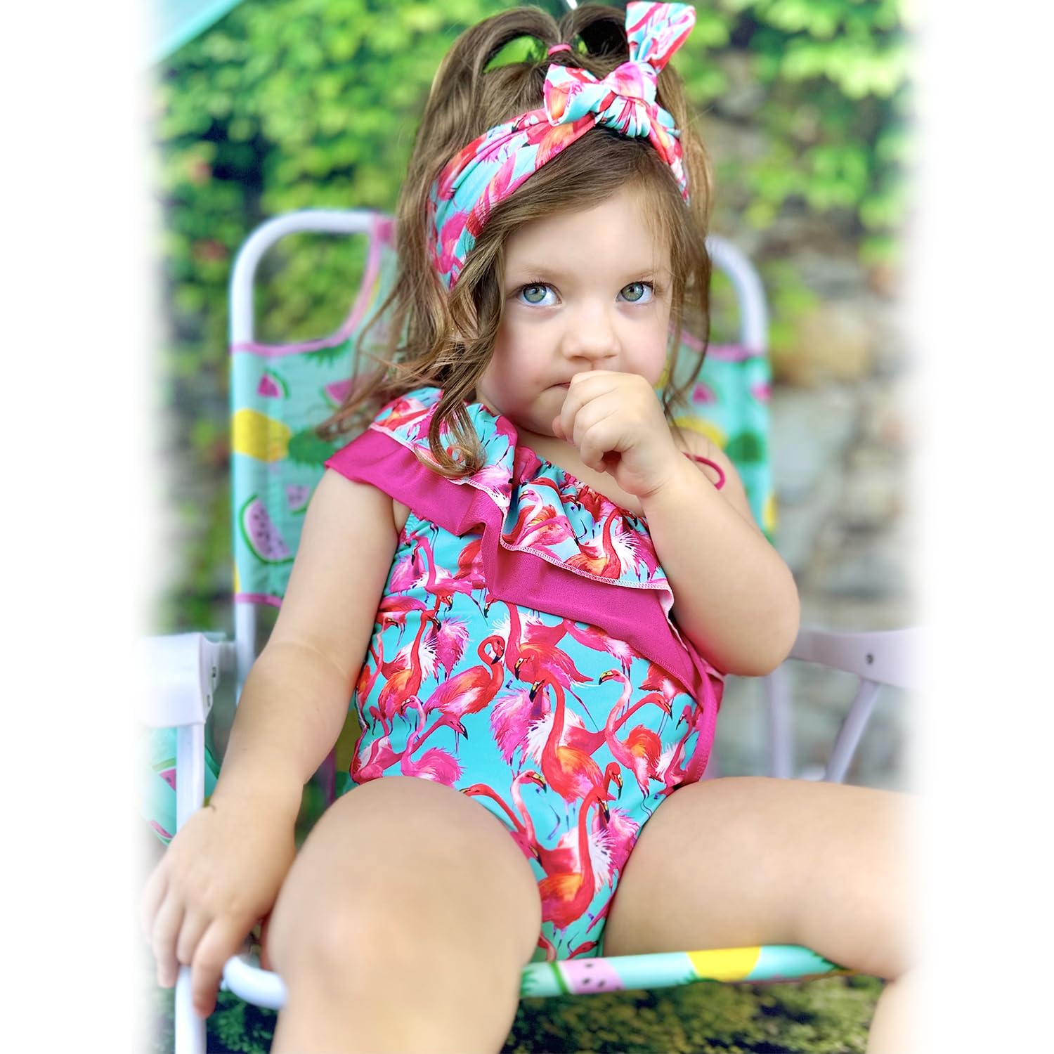 0-6 Months Baby Girls One Piece Swimsuits Infant Flamingo Bathing Suit Off Shoulder Swimwear Swimming Beach Wear with Headband