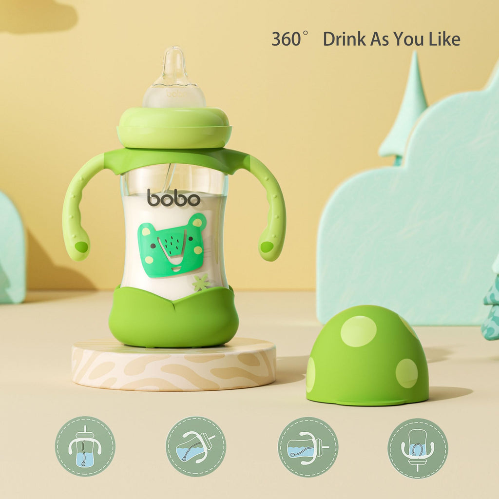 YOHKOH Natural Glass Baby Bottle with Natural Response Nipple, Wide Neck Baby Bottles with Handle, Newborn Anti-Colic Baby Bottles Gift Set, Clear (5.4oz (Pack of 4), Green)