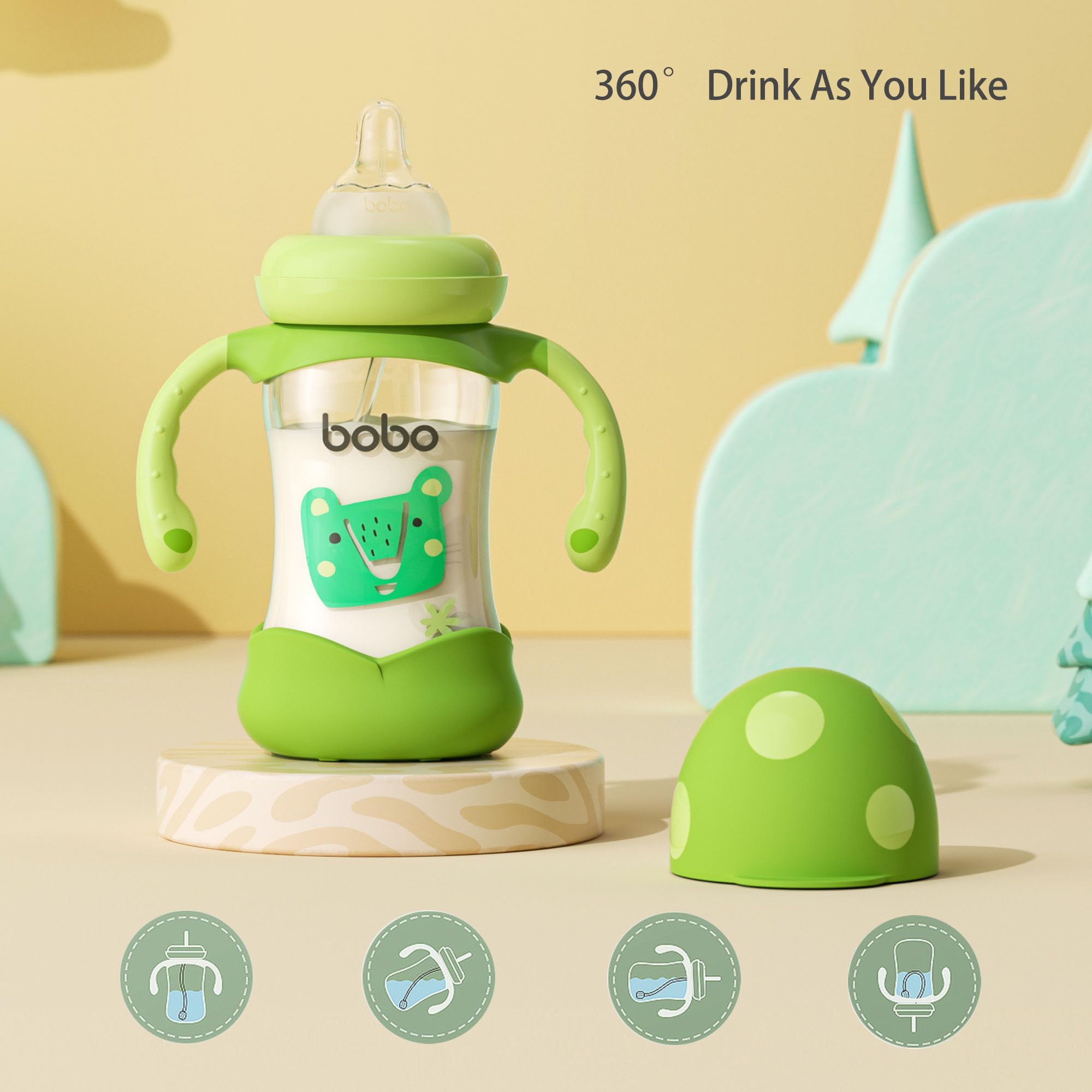 YOHKOH Natural Glass Baby Bottle with Natural Response Nipple, Wide Neck Baby Bottles with Handle, Newborn Anti-Colic Baby Bottles Gift Set, Clear (5.4oz (Pack of 4), Green)