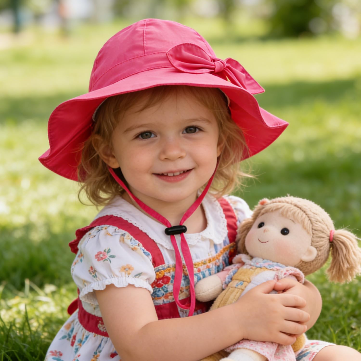 Baby Girl Sun Hat with UPF 50+ Outdoor Adjustable Beach Hat with Wide Brim Bucket Hats (6-12 Months, Rose-red)