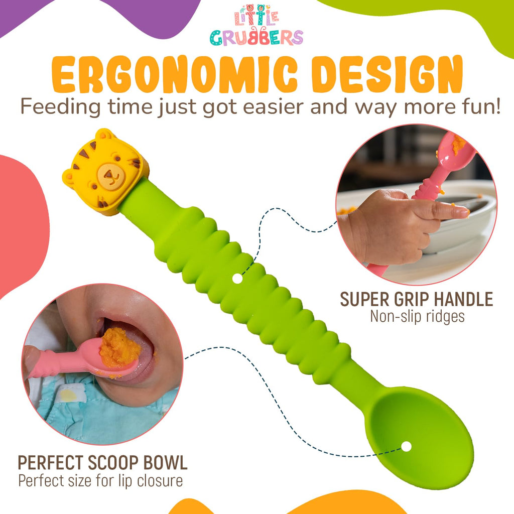 Little Grubbers 3-in-1 Silicone Baby Spoon Self Feeding 6+ Months - Pediatric OT Designed Teether Spoon, BPA Free Toddler Utensils, Mess-Free, Fun for Baby Led Weaning Supplies, Duck & Tiger