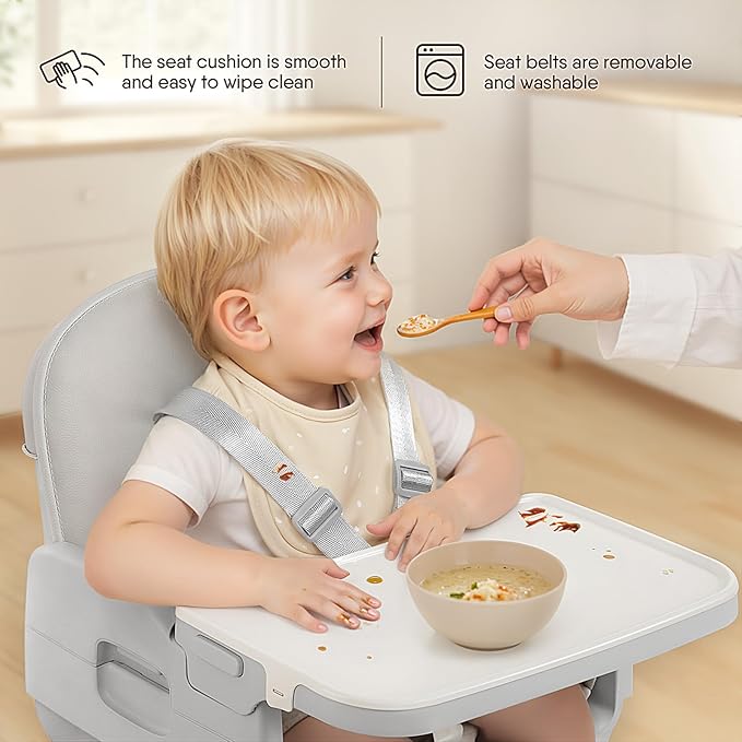 3-in-1 Portable Baby High Chair for Babies and Toddlers, Convertible Easy Clean Infant Foldable Highchair with Adjustable Legs & Dishwasher Safe Tray, Grey