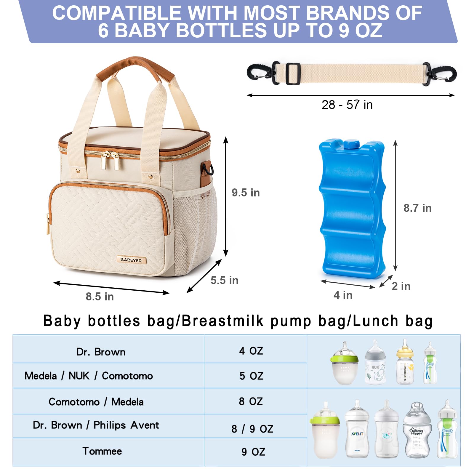 BABEYER Breastmilk Cooler Bag with Ice Pack Fits 6 Baby Bottles up to 9 Ounce, Breast Milk Pump Cooler Bag for Nursing Mom Daycare, Work, Travel-Cream
