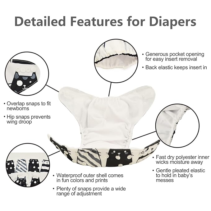 babygoal Reusable Cloth Diapers 6 Pack with 10pcs Inserts, One Size Adjustable Washable Pocket Nappy Covers for Baby Girls and Boys 6FG30